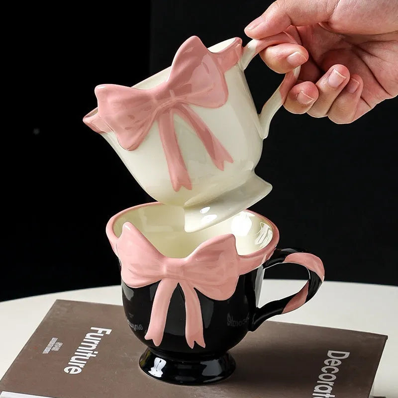 Original design girl heart bow ceramic mug in white powder or black pink colour, 301-400ml capacity