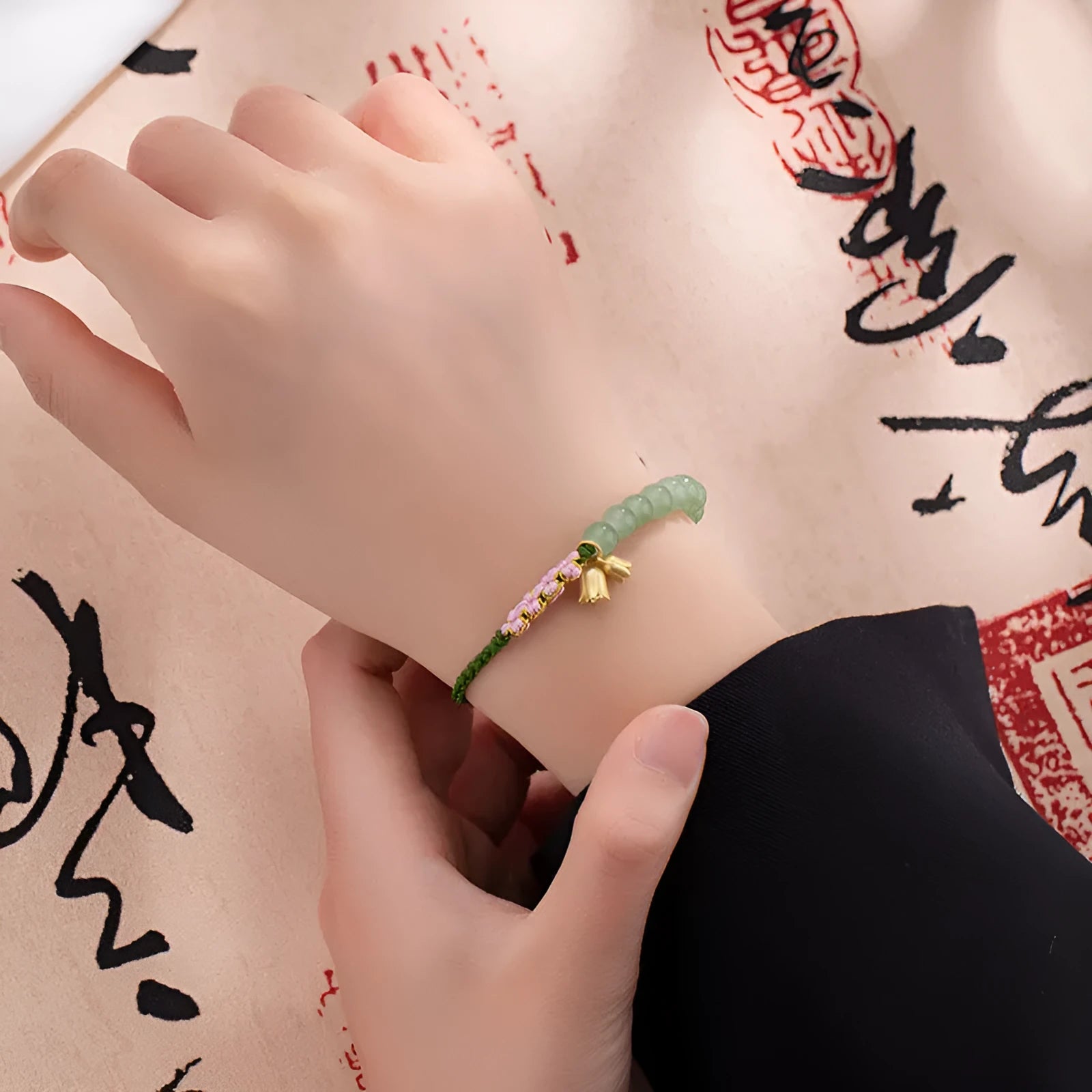 Red rope hand-woven bracelet with lily carrying strap design and national style floral elements for women