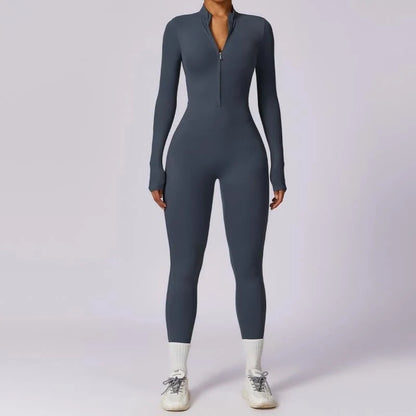 Women's long sleeve seamless jumpsuit for yoga and fitness in various colours