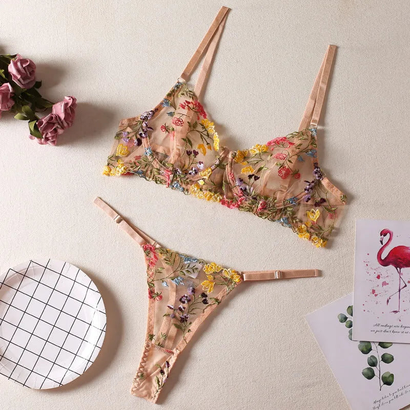 Women's floral pattern bikini underwear set in polyester fabric showing colour options
