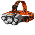 Head-mounted LED miner's lamp with 10W light, adjustable strap, and charging cable on a light-colour background.