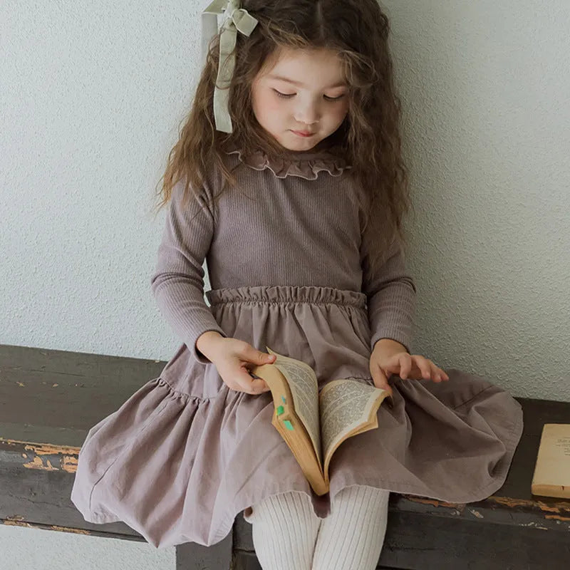 Girl's solid colour cotton princess dress with lace layering stitching, long sleeves, lotus root starch colour