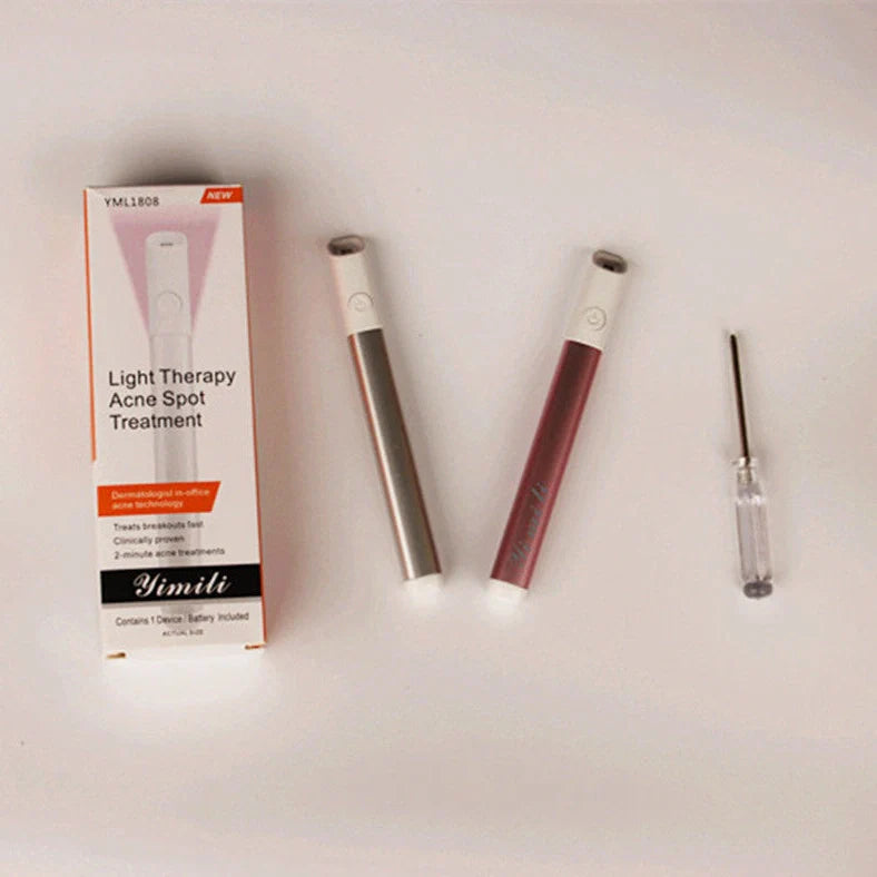 Silver grey acne treatment device with red and blue light therapy, battery-powered design