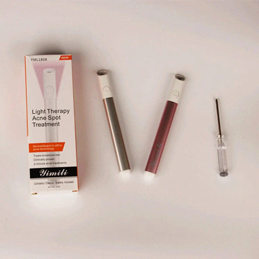 Silver grey acne treatment device with red and blue light therapy, battery-powered design