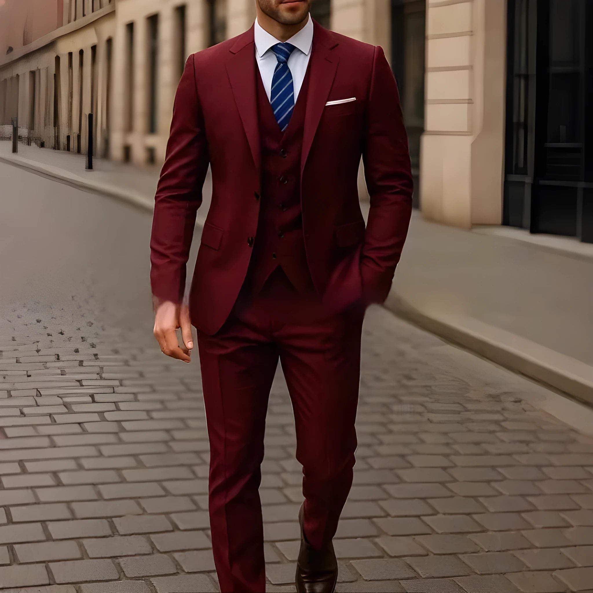 Men's business casual three-piece suit in polyester, jacket, vest, and trousers, available in multiple colours and sizes XS to 5XL