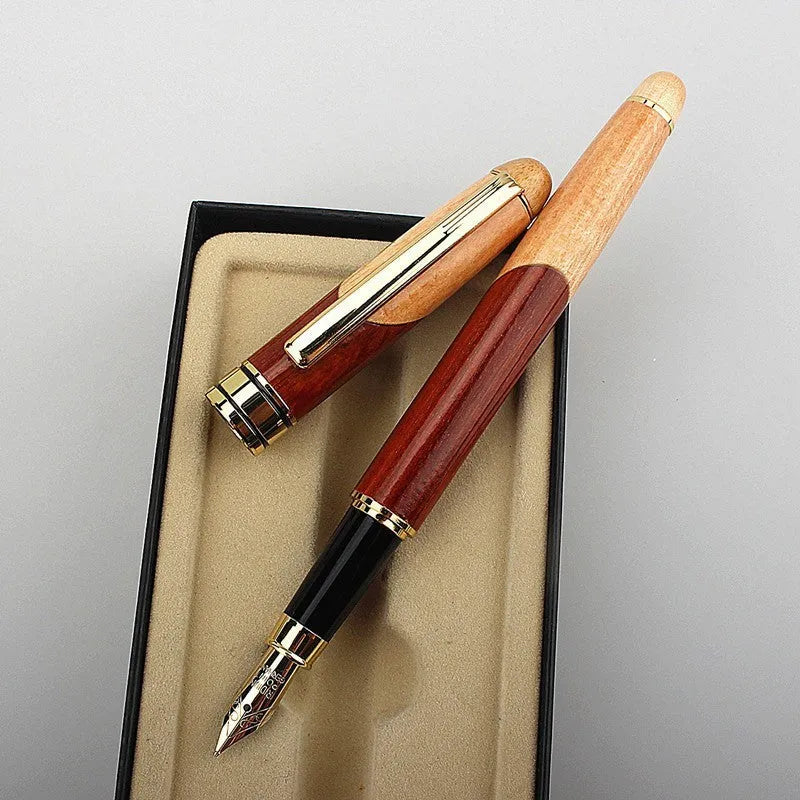 Wooden fountain pen with metal nib shown with a fabric protective pen bag