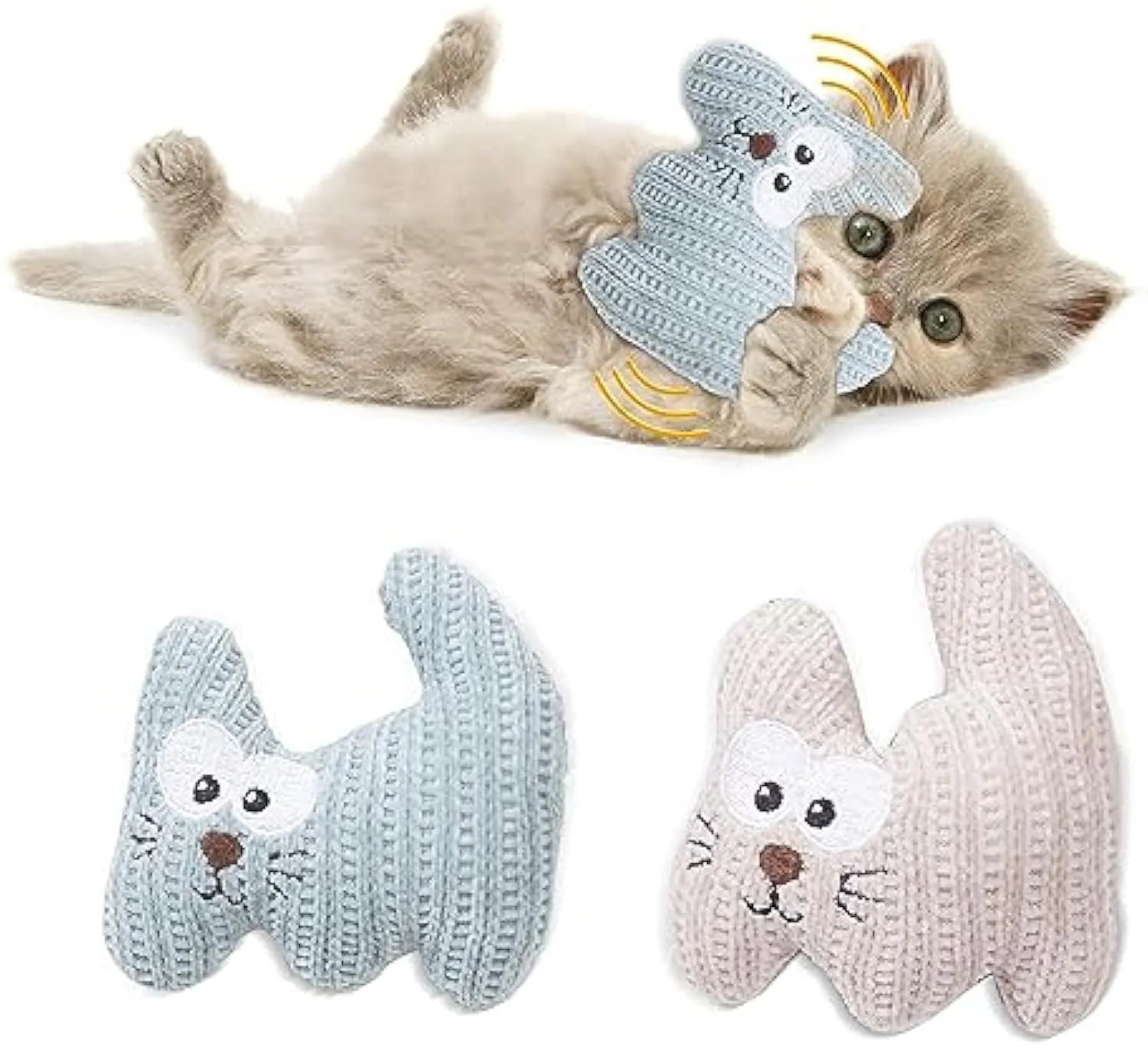 Cyan and light coffee coloured catnip plush rope chew toy with bell for cats on white background