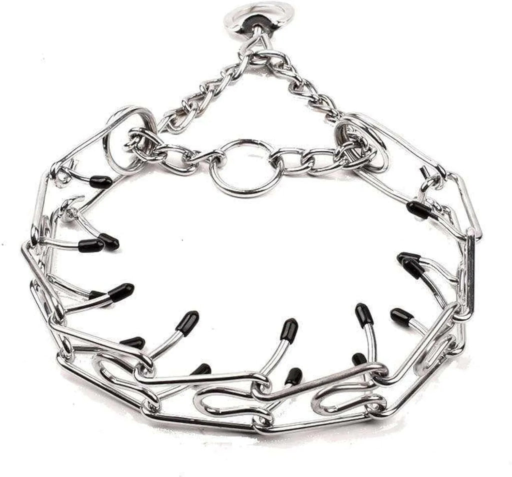 Stainless steel dog prong training collar with rubber tips and adjustable chain links on a grey background.