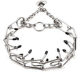 Stainless steel dog prong training collar with rubber tips and adjustable chain links on a grey background.