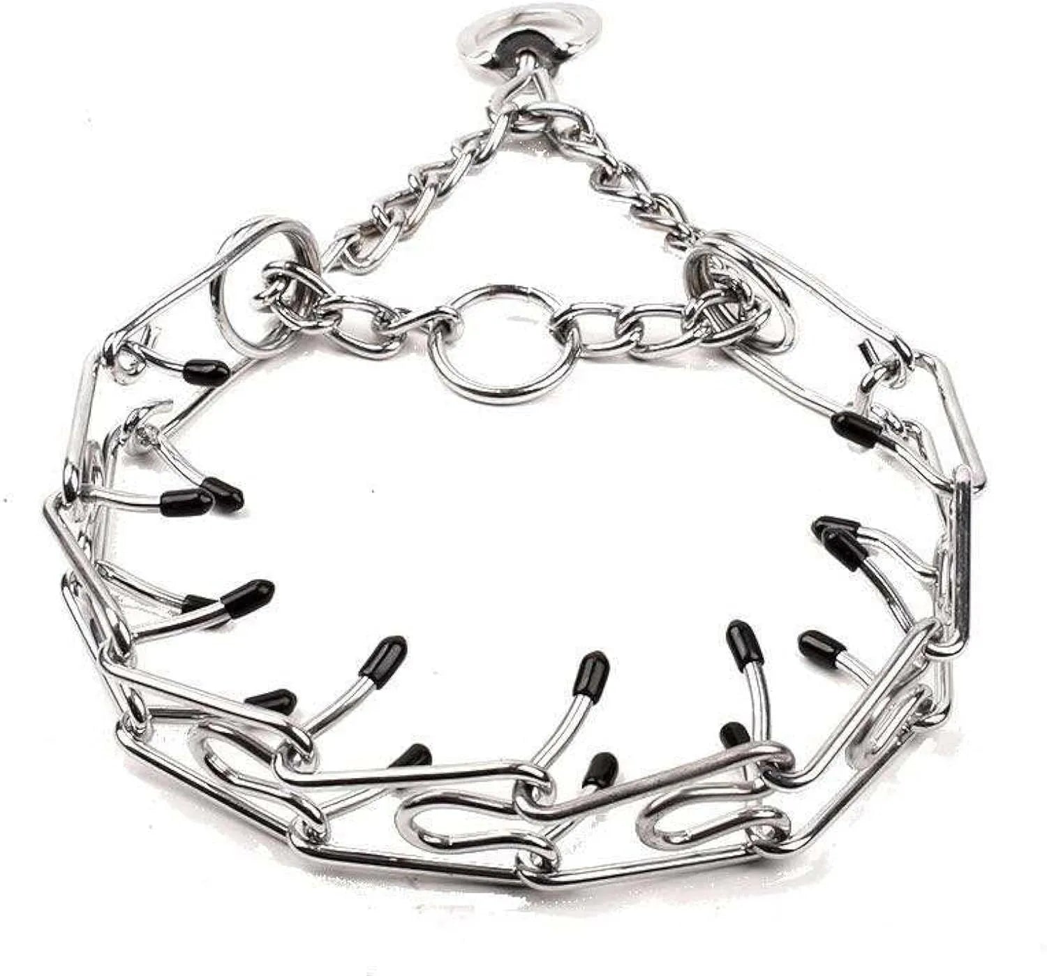 Stainless steel dog prong training collar with rubber tips and adjustable chain links on a grey background.