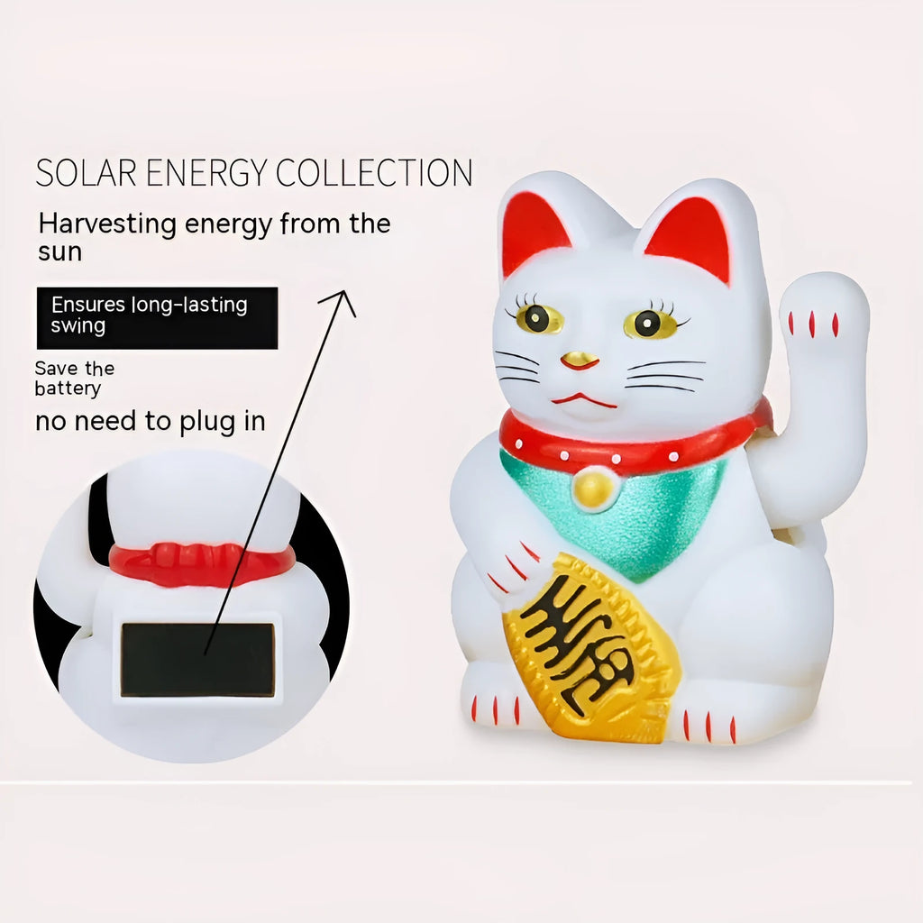 Solar powered Maneki Neko waving cat decoration in yellow, black, or white colours
