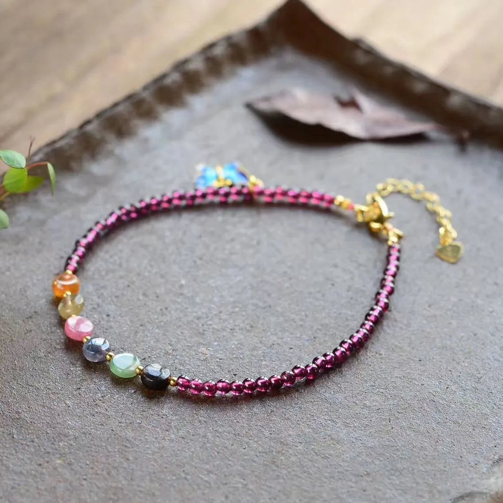 Purple garnet ethnic geometric anklet for women with adjustable chain