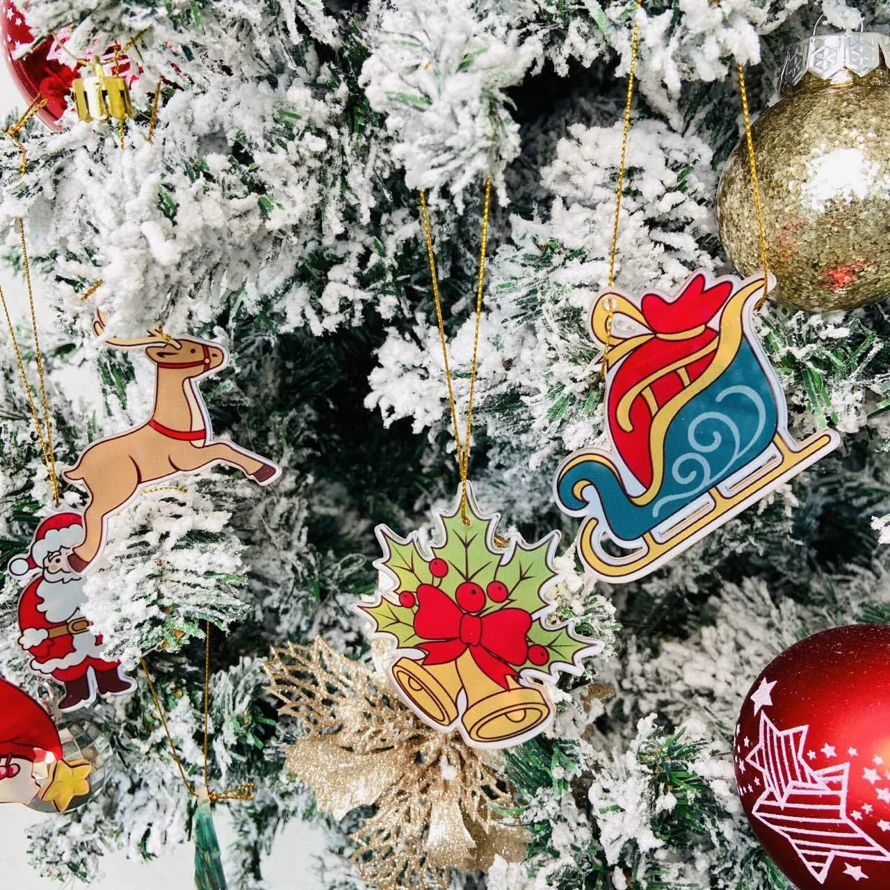 A charming acrylic car-shaped ornament with vibrant colors and a reflective finish, perfect for Christmas decor.