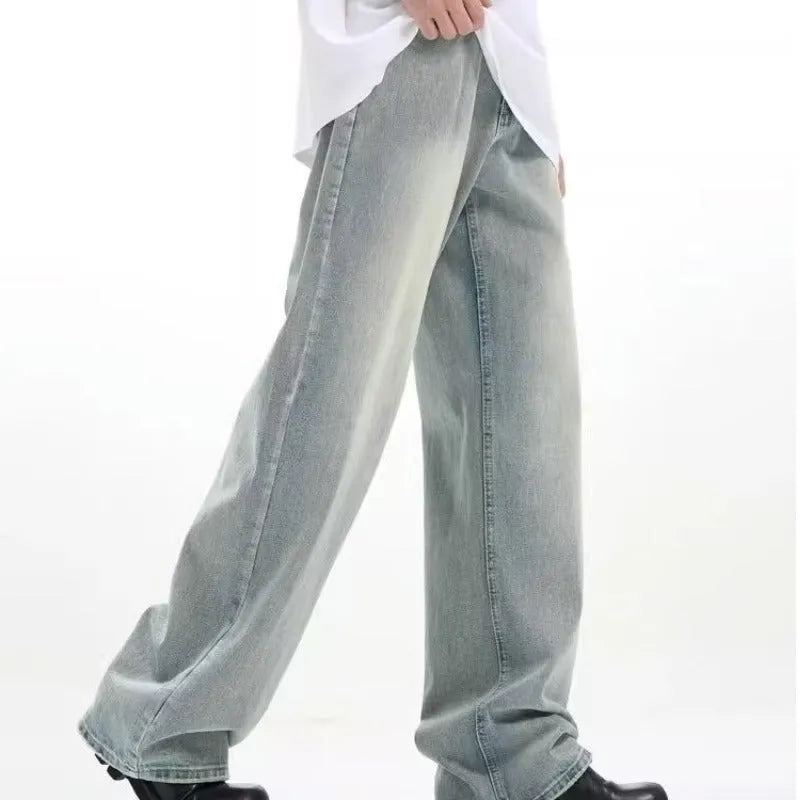 Blue retro loose-fit casual trousers made from rabbit fur fabric on a neutral background.
