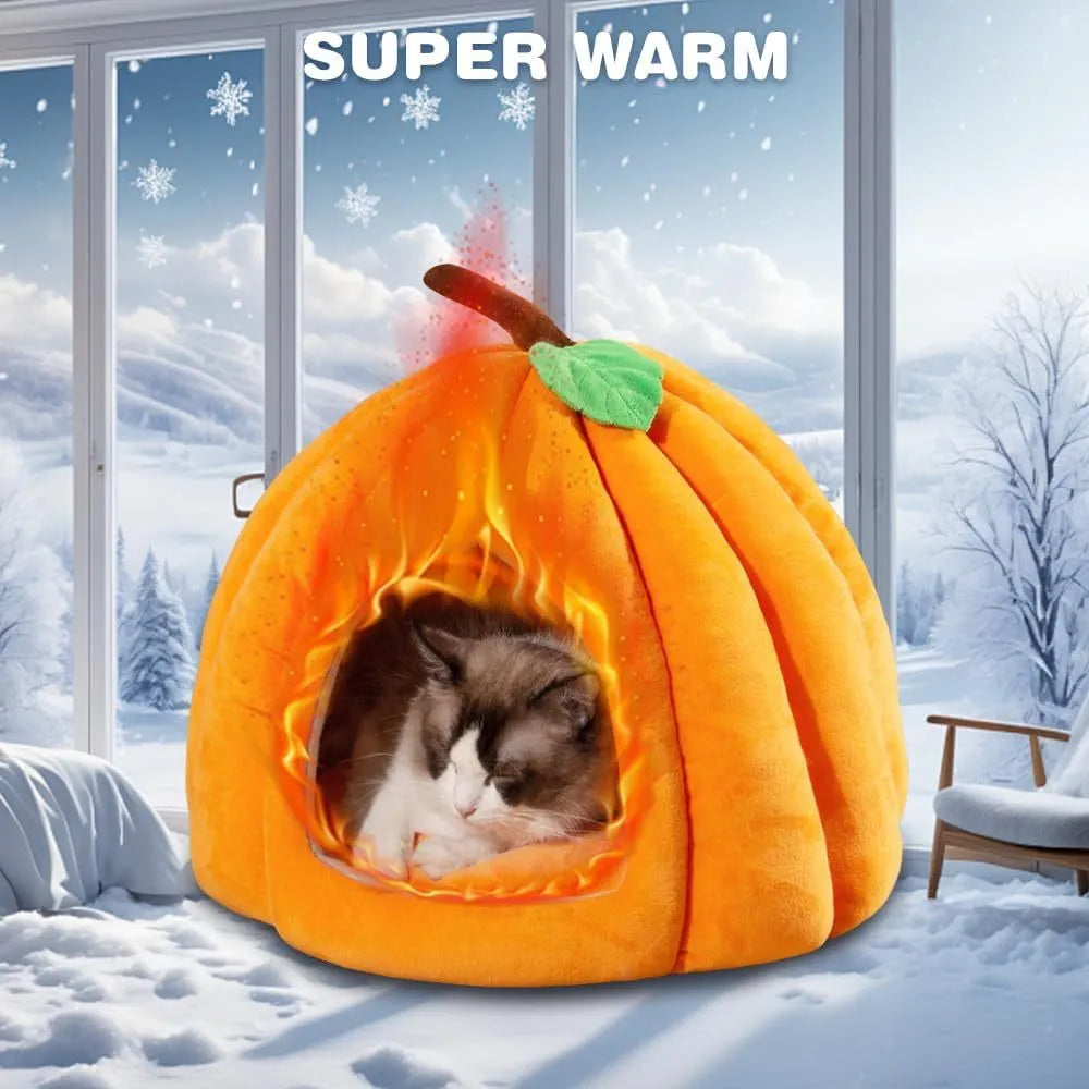 A grey pumpkin-shaped semi-enclosed cat bed with a plush interior, shown on a wooden floor.