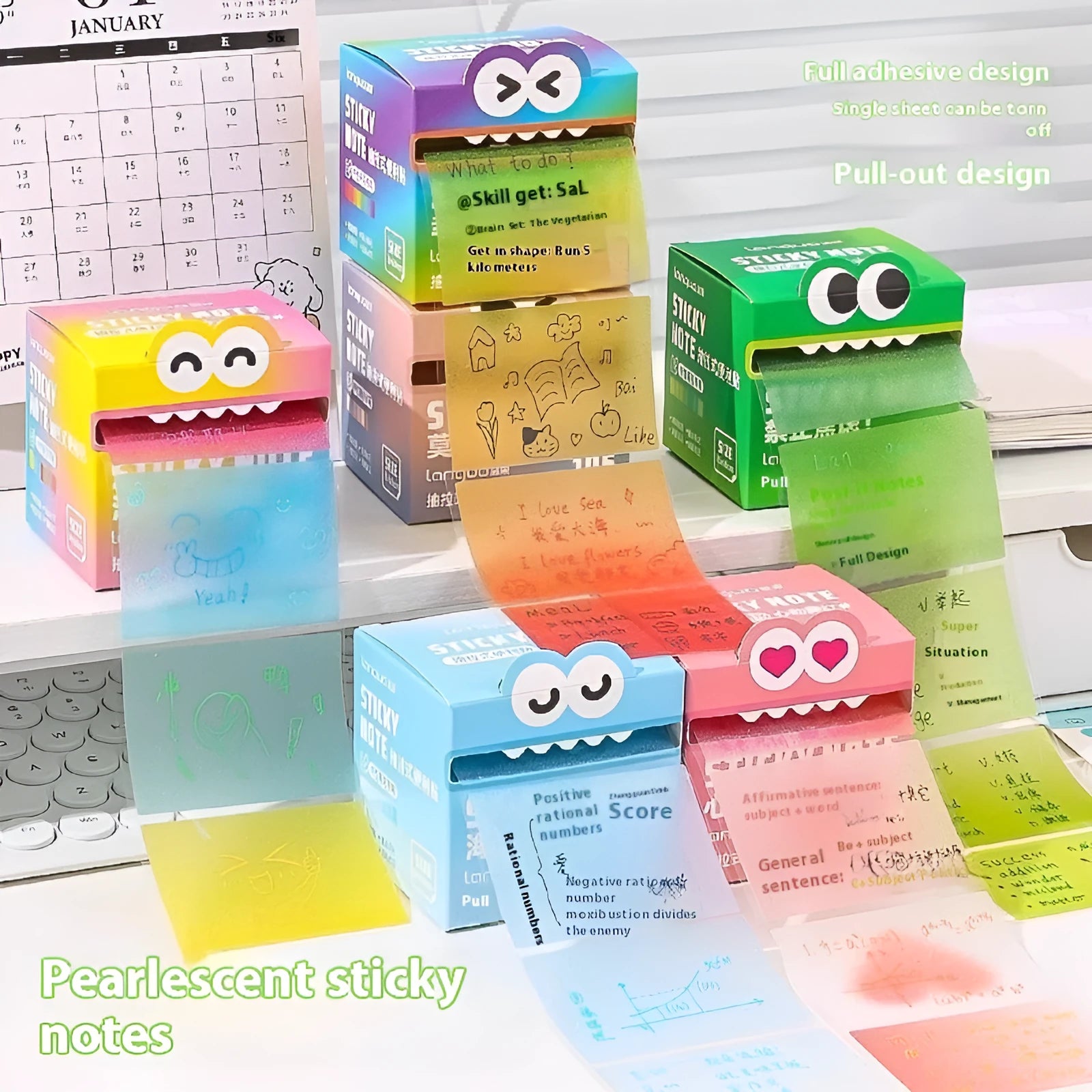 Box of pearl gradient transparent sticky notes with pull-out design, showing six colour options.