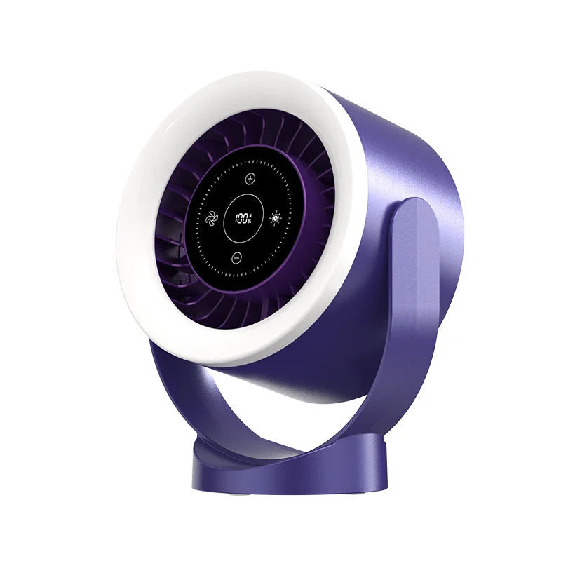 Adjustable USB desktop fan light with LED display in apricot, dark blue, and dark grey