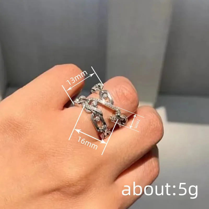 Niche clip design ring for women, copper geometric band with inlaid zircon stone, white gold colour, sizes No 6 to No 10