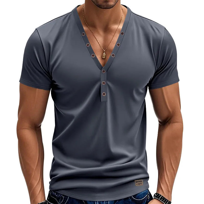 Men's loose thin V-neck button design sports top in chemical fibre blend fabric