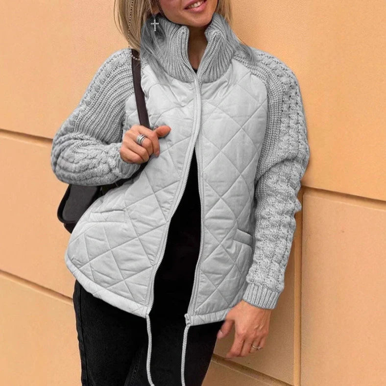 Women's cotton cardigan jacket with front zipper and stand collar in army green colour