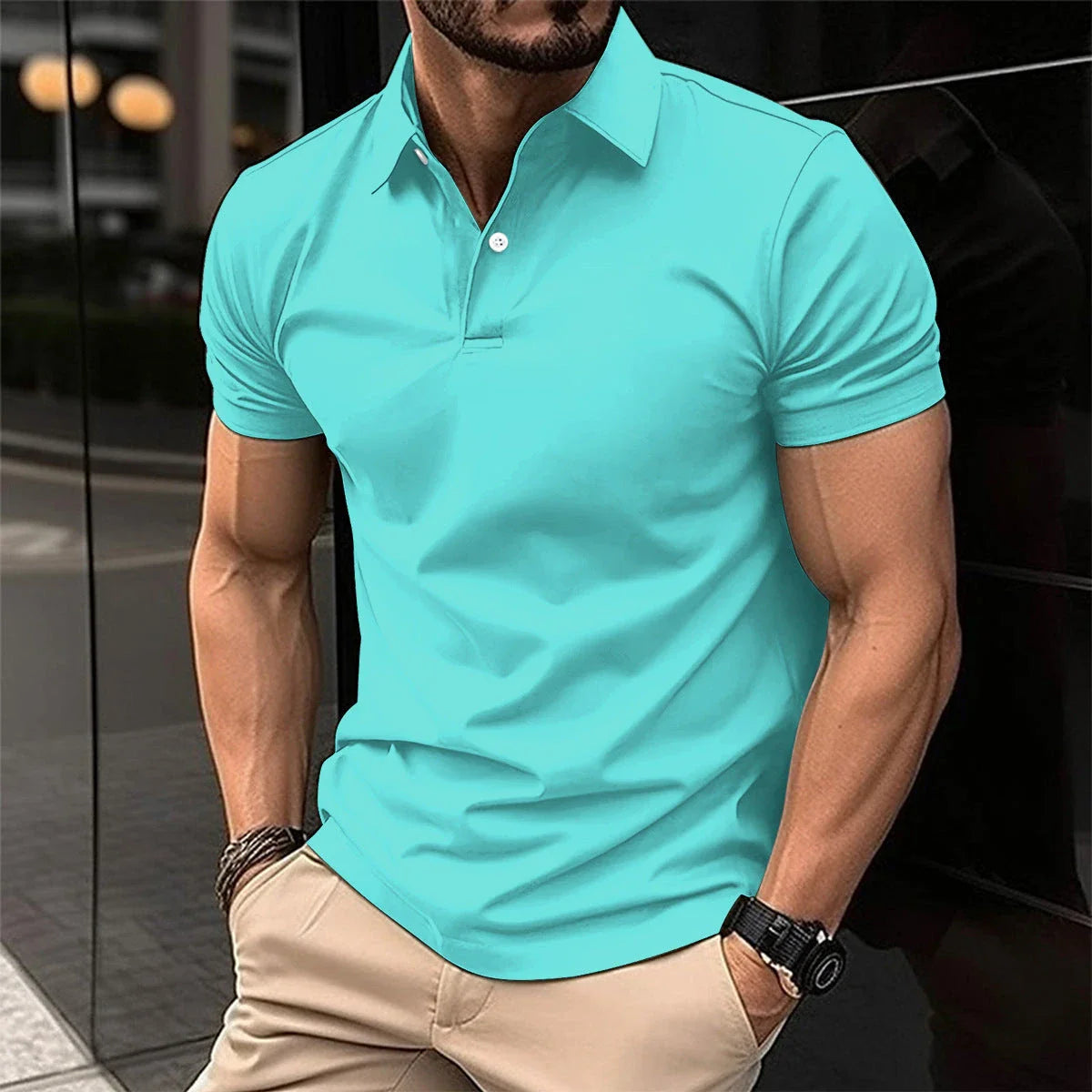 Men's short sleeve cotton polo shirt in a variety of classic colors and sizes