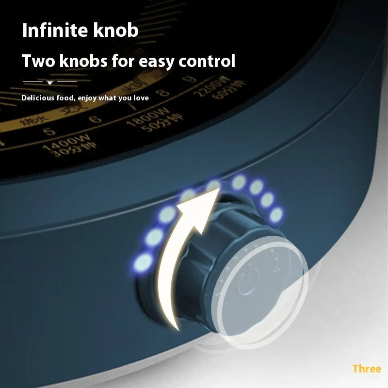 Induction cooker with circular 270mm heating area and knob control interface