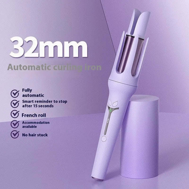 Light purple and pink 32mm automatic hair curler with anion technology and styling clips.