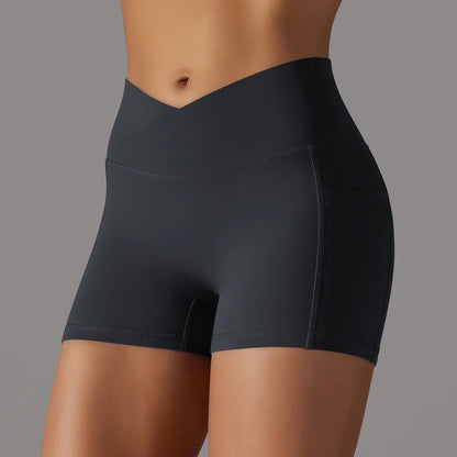 Women's yoga shorts with phone pocket in various colours, ideal for fitness and workouts