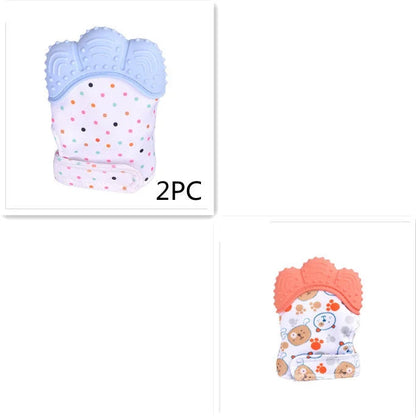 Baby silicone molar teething gloves in various colours with secure Velcro strap