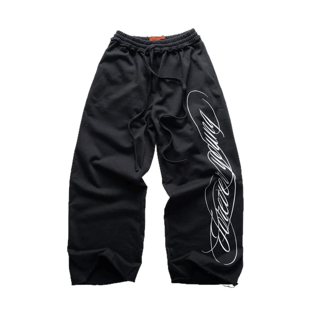 Design printing men's smart trousers in black, loose fit, mid-waist polyester casual trousers