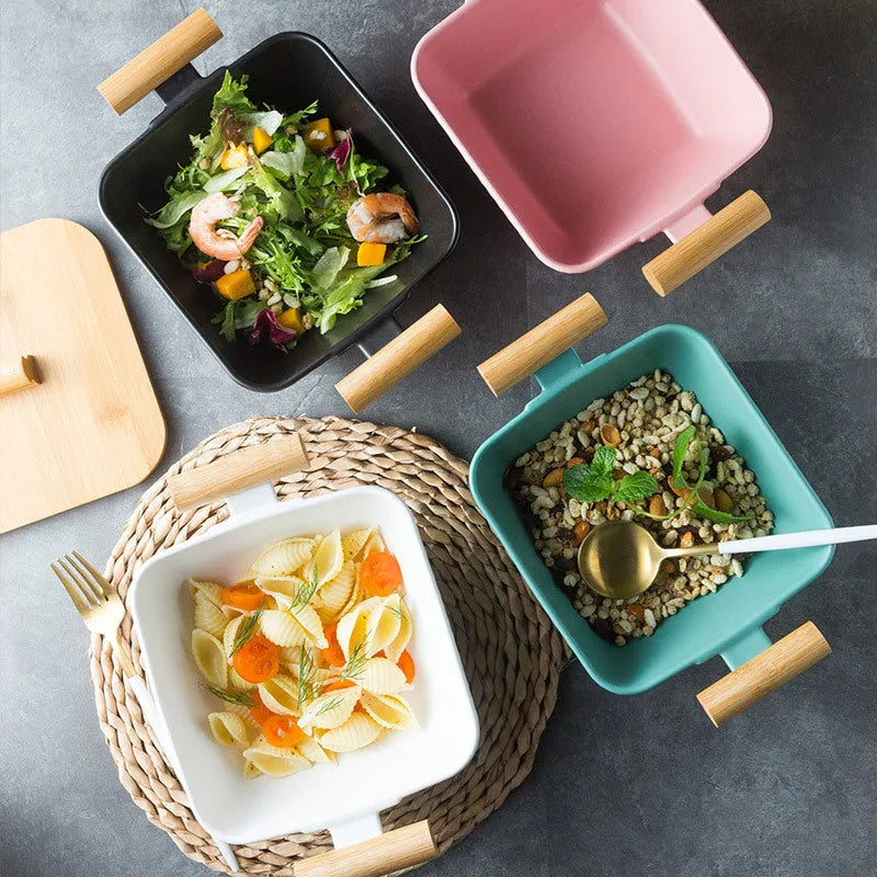Creative irregular-shaped porcelain bowl with lid in choice of four colours