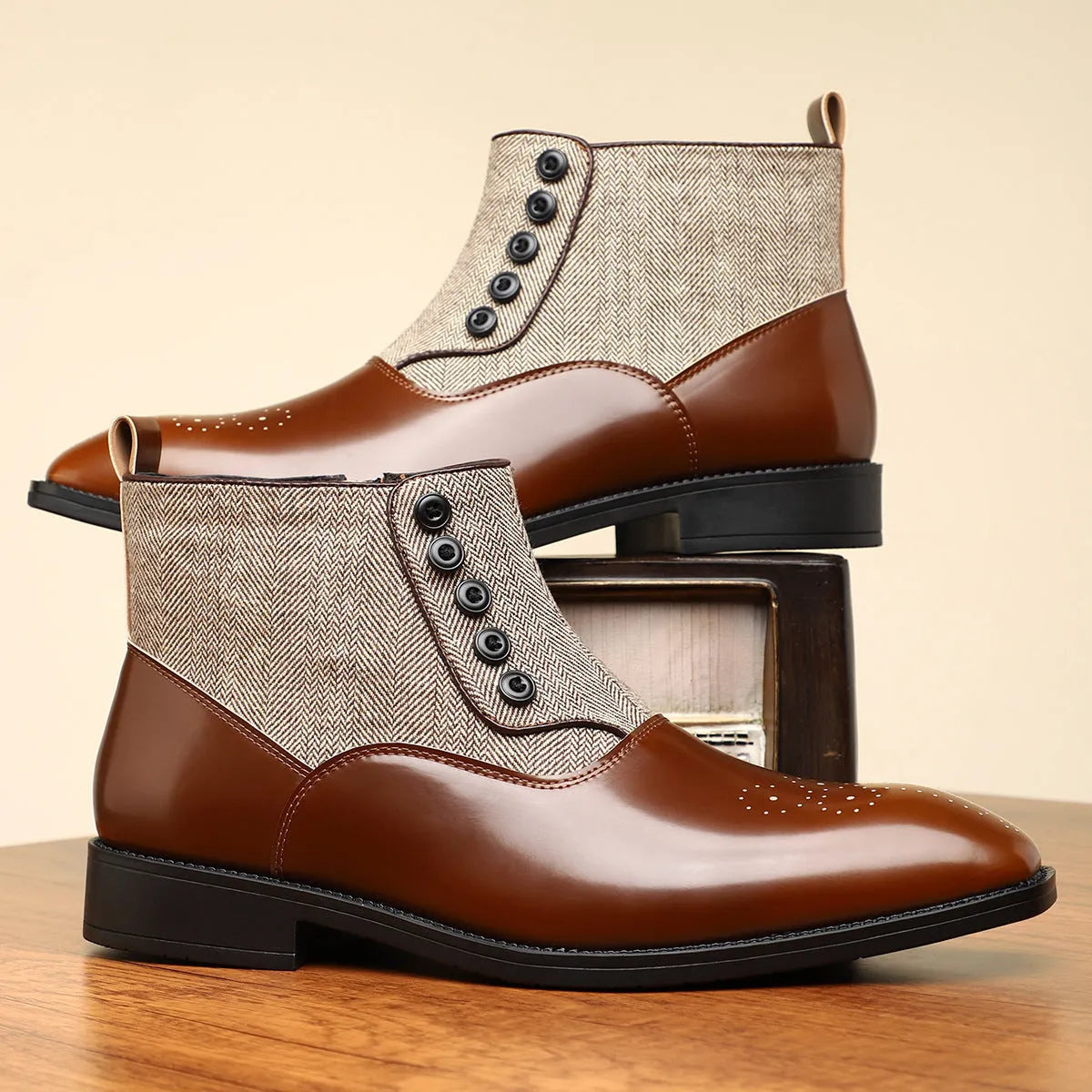 Brown men's formal Oxford shoes with a side zipper, square toe, and low block heel on a rubber sole.