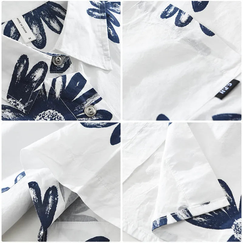 White and apricot Japanese printed short sleeve shirt in a loose cardigan style.