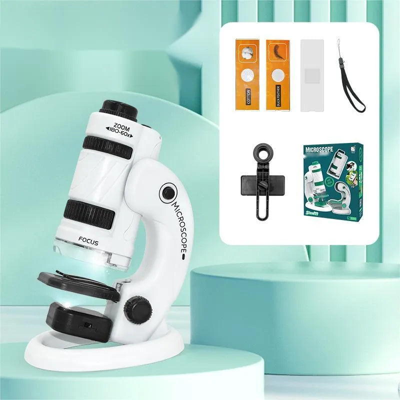 Portable microscope set with teaching aids and specimen slides for educational use in white-green colour