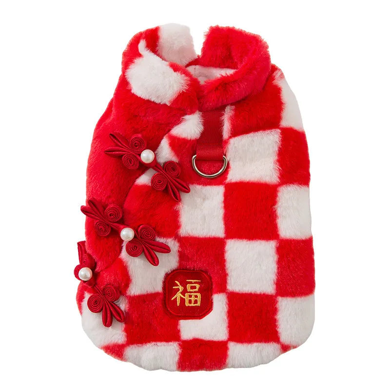 Red and white checkered plush dog vest with Qipao knots and golden Fu symbol for Chinese New Year