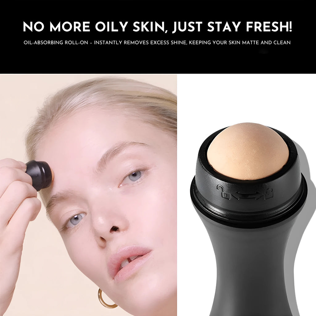 Portable black volcanic stone facial roller for oily skin control and makeup touch-ups.