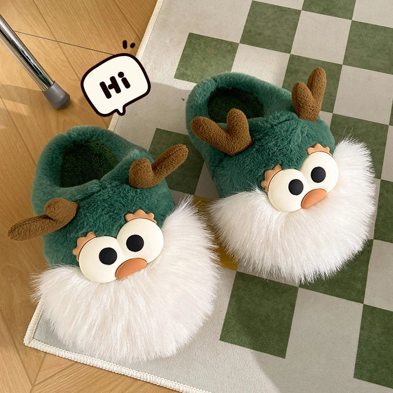 Cozy plush Christmas deer-themed slippers with soft material and durable sole for comfortable indoor wear