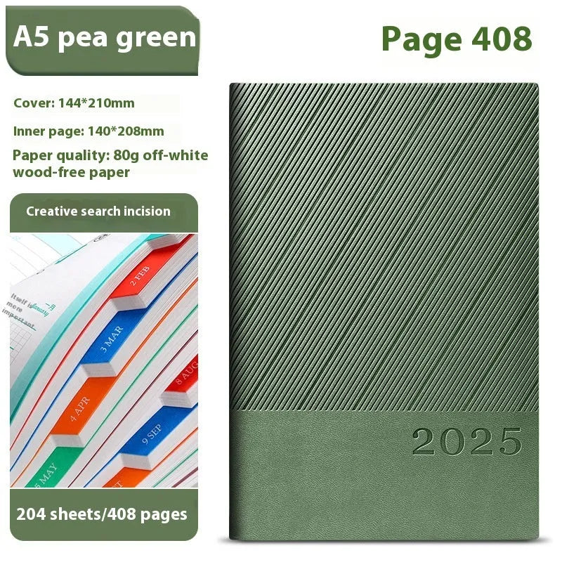 A4 business notepad with striped PU leather cover showing eight colour options including Bean Green, Black, and Sapphire Blue