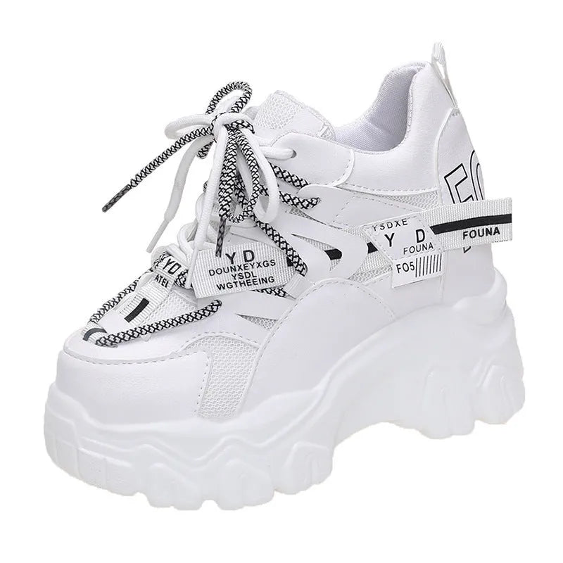 Women's white mesh platform shoes with cross strap and 6-8cm rubber sole heel.