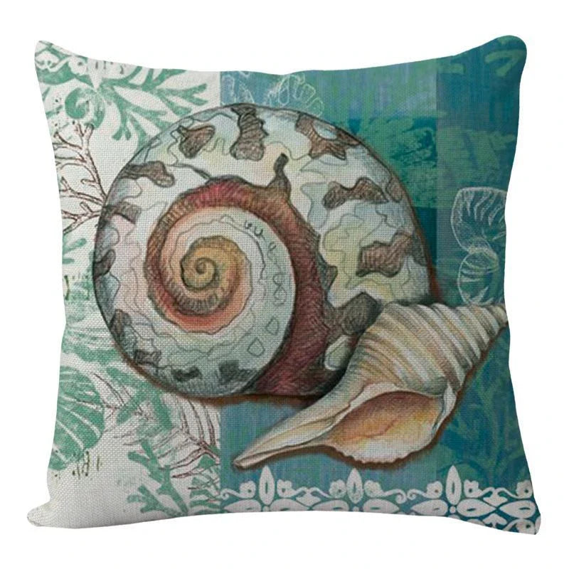 Decorative throw pillow covers featuring various marine-inspired designs like sea turtles, whales, octopus, and more on a linen background