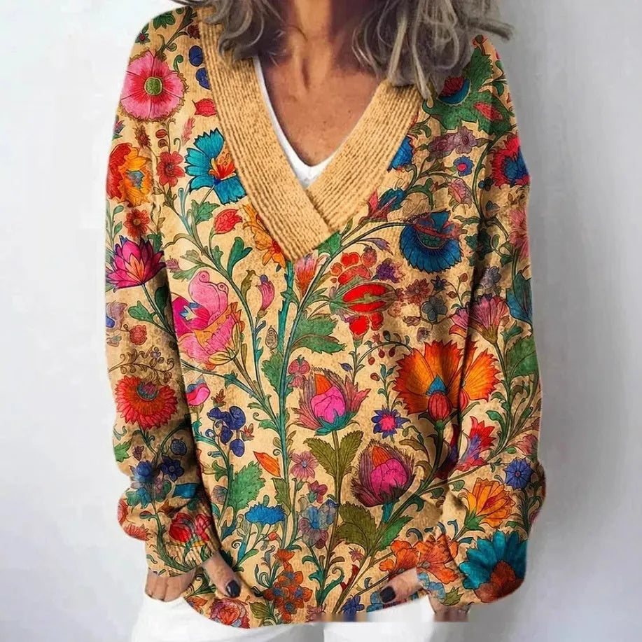 Women's V-neck long sleeve sweatshirt with a detailed 3D floral print in a retro art style.