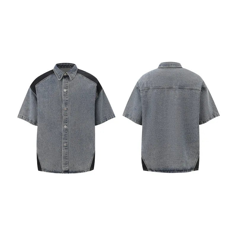 Retro washed denim shorts set with jacket and trousers in blue on a model.