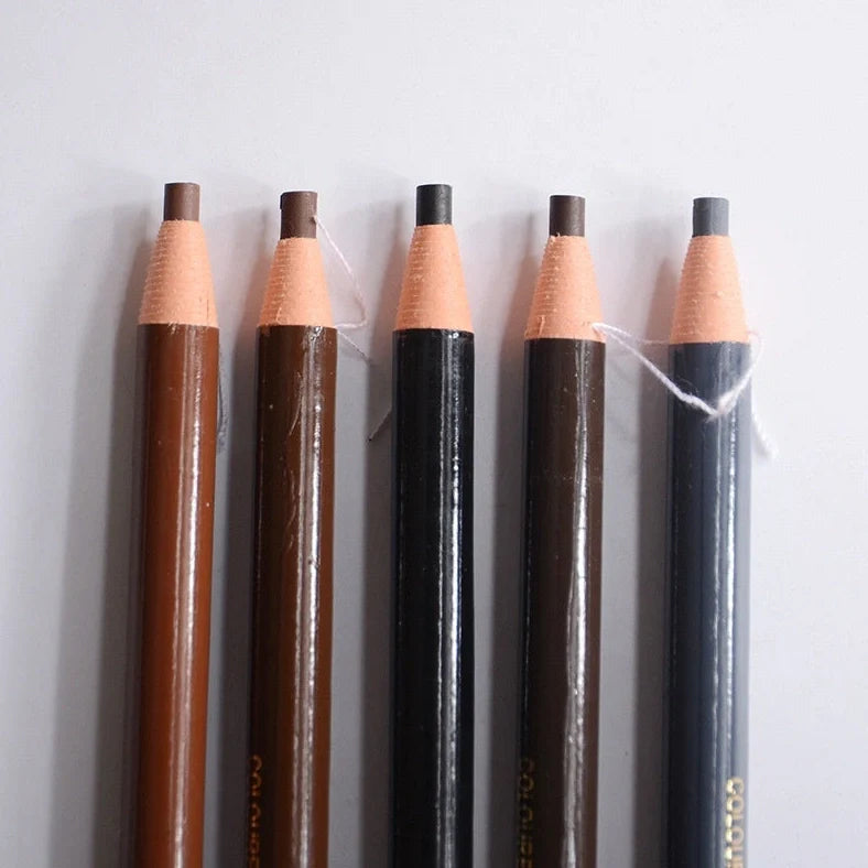 Brown microblading eyebrow pen with 0.1mm tip showing hair-like strokes on skin, 14.5cm length with protective cap