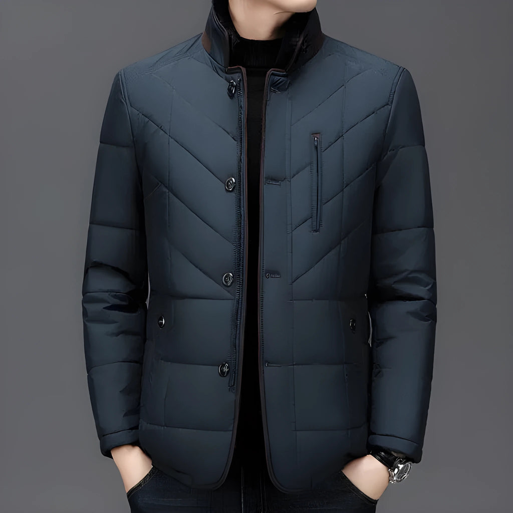 Men's solid colour winter coat with cotton padding and side pockets in dark blue
