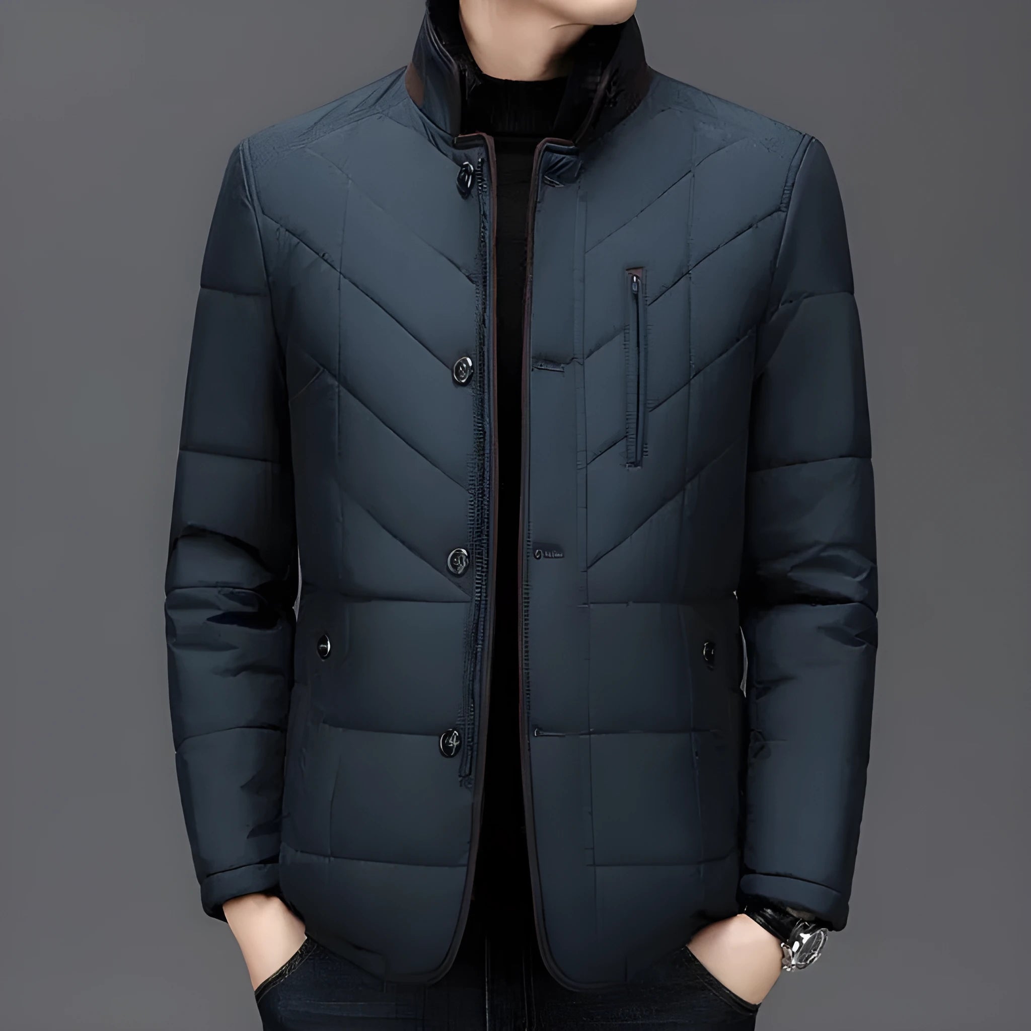Men's solid colour winter coat with cotton padding and side pockets in dark blue