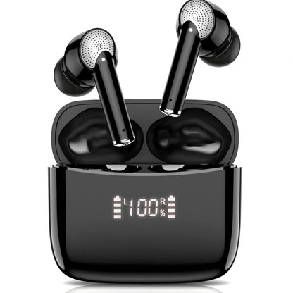 A6 black wireless sports earphones with digital display and charging case