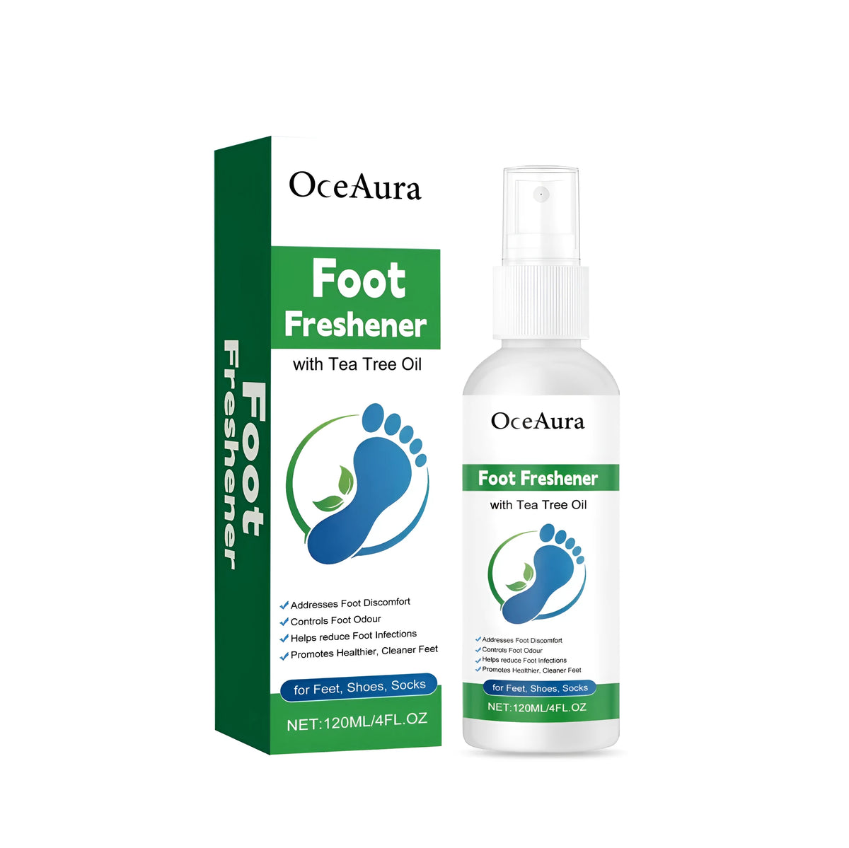Tea tree oil foot care spray 120ml brown bottle with white label against plain background