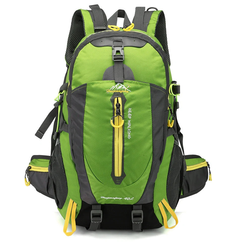 Green 40L hiking backpack with adjustable chest strap and multiple compartments for outdoor sports