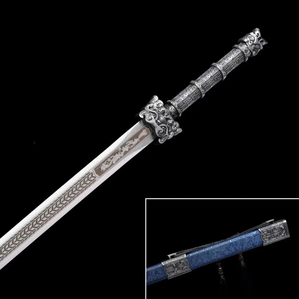 Ancient Tang-style unsharpened sword with high manganese steel blade and solid wood scabbard with leather covering