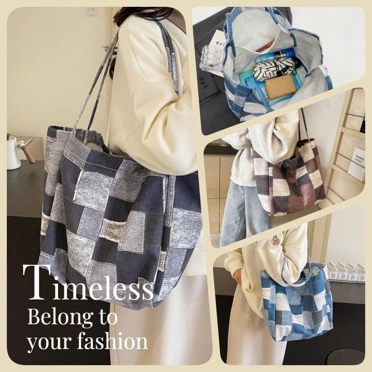 Women's denim tote bag with colour-contrast check design for daily use